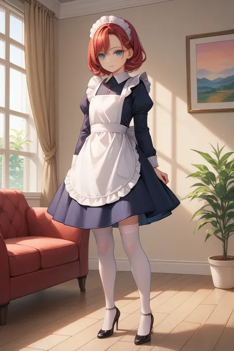 An anime-style medium shot of a red-haired blue-eyed young girl in a maid suit, white garter stockings, and white high-heels. She stands in a luxurious living room with a couch, a chair, and a plant. The room has bright indoor lighting. The background is a...