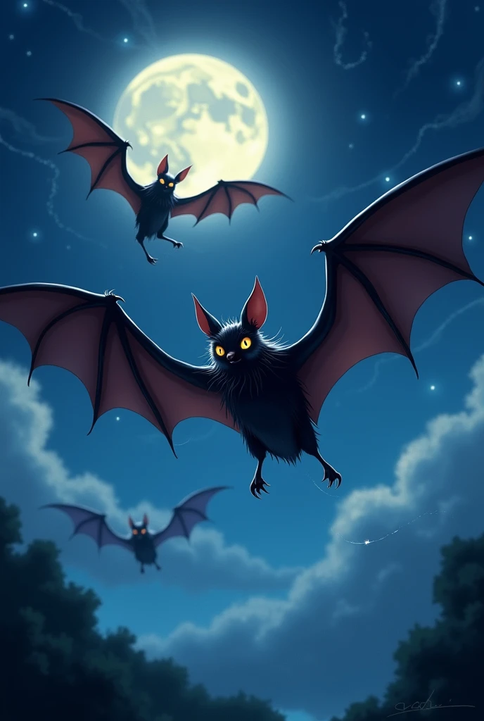 Bat creatures that fly in the night of the full moon with Disney animated graphics