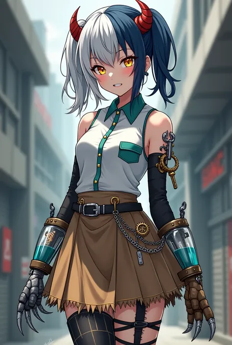 Anime girl with white right half and indigo left half mid length hair with half up half down pigtails, light bulb right devil horn with red coil and silver screw left devil horn, yellow eyes with white gear shaped left middle, sharp teeth, silver prostheti...