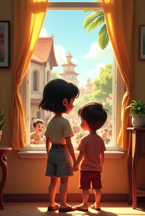  An  Latin trigueña girl with short hair takes care of her younger brother who is , As they watch out the window how the other ren are happy all in Disney 3d style