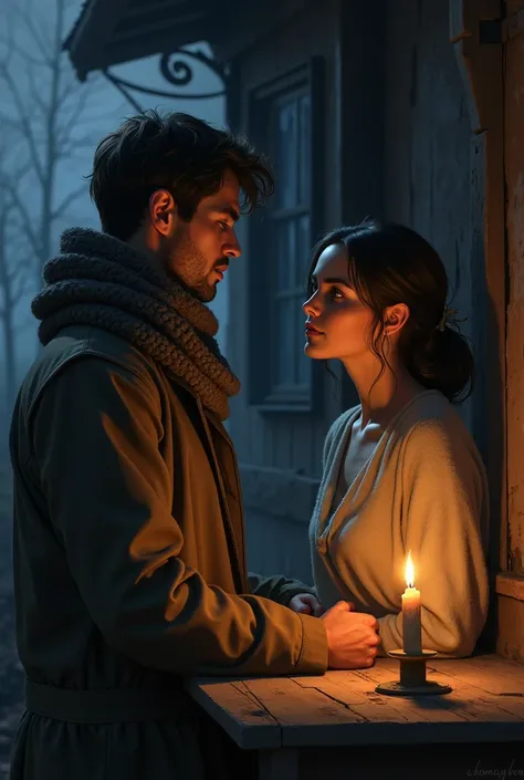 a beautiful woman in simple clothes sitting at a table in her old house  , talking to a young man in a thick coat and a scarf at night by the light of a candle