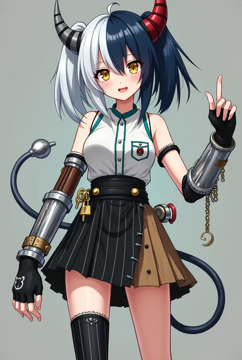 Anime girl with white right half and indigo left half mid length hair with half up half down pigtails, light bulb right devil horn with red coil and silver screw left devil horn, yellow eyes with white gear shaped left middle, sharp teeth, silver prostheti...