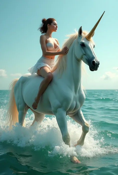 Create an image of a slutty ballerina riding a unicorn in the sea