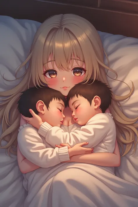 Anime girl cradles her twin brother in bed while sleeping