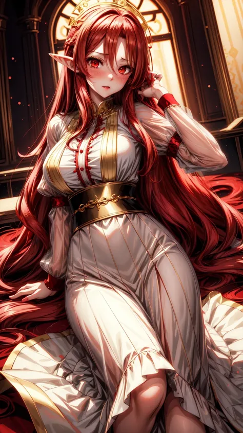  anime girl image,red eyes, red hair,Elf ears,eleven, white dress ,long skirt,Milf,adult woman, long hair ,wavy hair,beautiful,Seductive face, seductive face ,Dressed like an angel, with gold detail on the waist , with transparent lace sleeves,with gold ar...