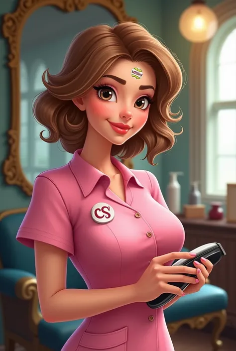  Beautiful fat girl with short wavy light brown hair with pronounced waves,  in a barbershop with barber tools in her hand specifically a hair clipper, The girl has pink surgical clothes with a printed CS , The barbershop sees a mirror and a barbers chair ...