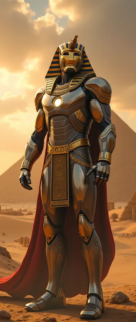 high quality, 8k, hyper detailed, photorealistic, cinematic, epic scale, dramatic lighting, intricate, masterpiece, renaissance art style, chiaroscuro lighting, dramatic shadows, (Iron Man:1.5),(Pharaoh Tutankhamun:1.5),ancient Egyptian pyramids, desert la...