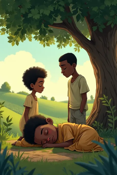 Animation of a Nigerian orphan boy sleeping under a tree and a couple looking at him