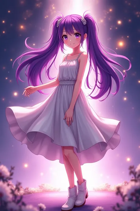 Anime woman smiling , purple eyes,  long hair tied in two purple pigtails ,  white sleeveless blouse and skirt bohemian style short white ankle boots anime style full body purple background and gold lights smiling anime style