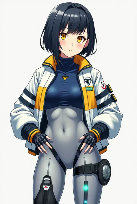 Anime girl with indigo top half and grey bottom half short hair with long left side bang (no helmet), yellow eyes with white upside down triangle shaped left middle (no helmet), silver high neck robot body with black trim, white and yellow half open bomber...