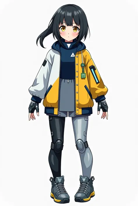 Anime girl with indigo top half and grey bottom half short hair with long left side bang (no helmet), yellow eyes with white upside down triangle shaped left middle (no helmet), silver high neck robot body with black trim, white and yellow half open bomber...