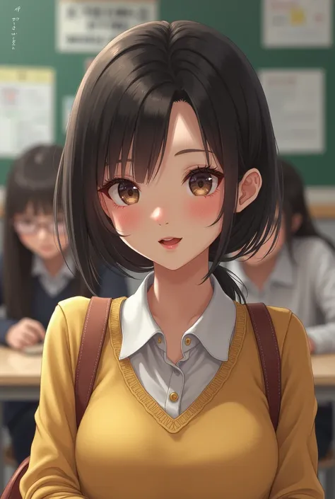  this person is a woman 。 the teeth are small 。The eyes are small . the sweater is nice。 are round 。 the eyes are small 。 the eyes are small 。 she is very hungry 。Kamigachairo。This woman is in school。Sometimes I have eyeglasses。