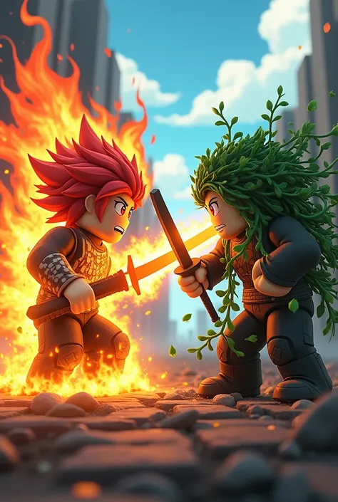 This image appears to be a vibrant, action-packed artwork featuring two Roblox-style characters in an intense battle. One character on the left is engulfed in fiery orange flames, while the other on the right is entwined with green vines and leaves. The ch...