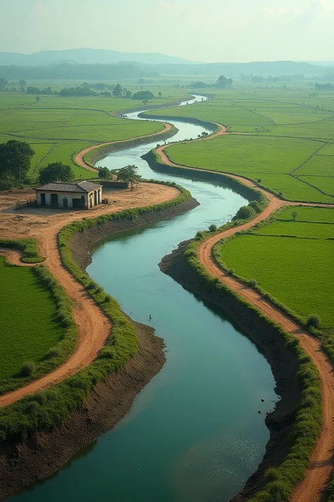 "A vast, flowing river symbolizing promises, winding through a rural Ghanaian landscape. The river gently curves around unfinished roads and a dilapidated school building, reflecting the hope for progress but showing signs of neglect. The vibrant green fie...