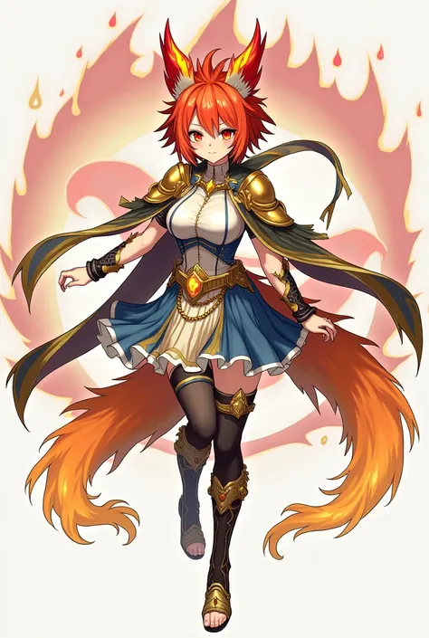 Anime girl with orange and yellow short spikey flaming hair (flames in back), glowing red phoenix feather headdress, gold and glowing yellow eyes with red sclera, black markings around eyes, fangs, black sharp nails, orange fade to yellow flaming curled ta...