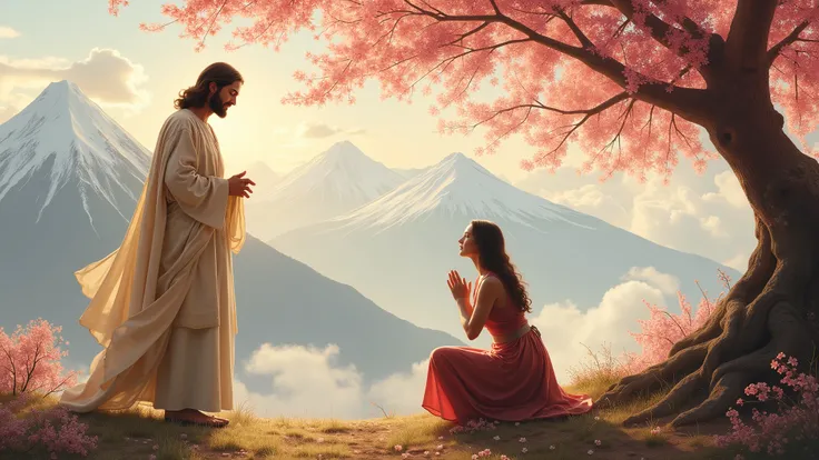  Under cherry tree, Jesus standing  it , a woman praying to Jesus, face to face, bow down on knees, mountain at background 