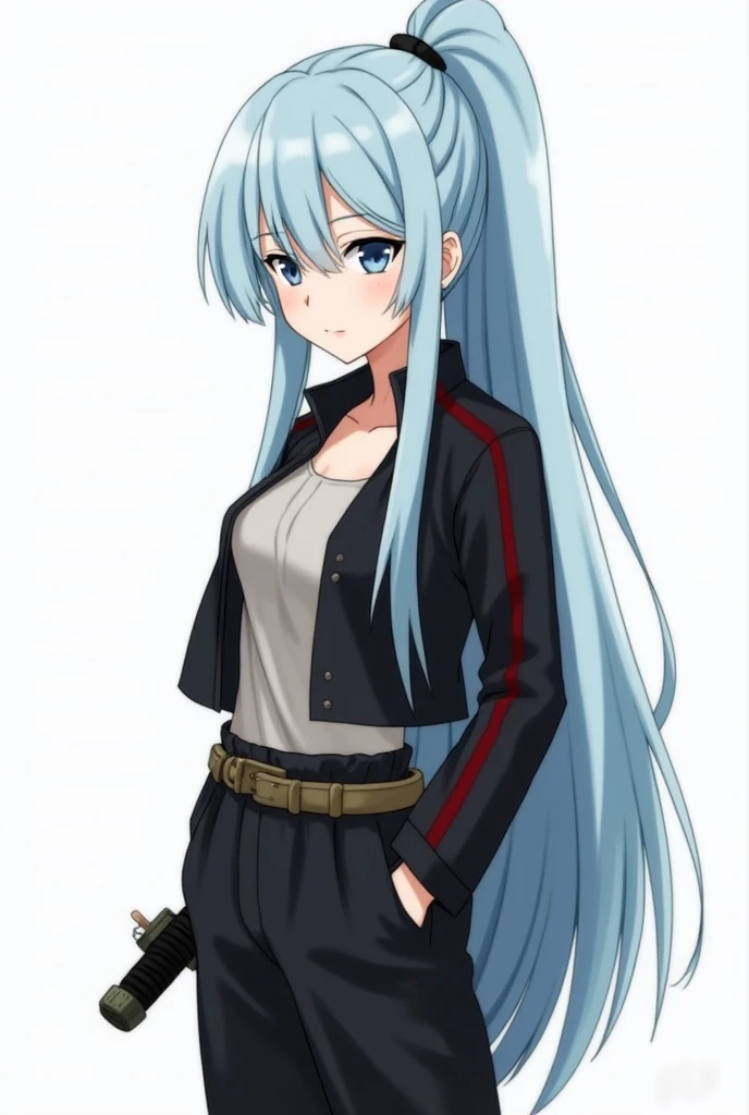 Anime girl, has long light blue hair, dark triangular eyebrows, and asymmetric bangs. She has a sleek, slender build and typically wears a black jacket, a light shirt, black pants, and a belt with a sword. When training, she ties her hair in a ponytail and...