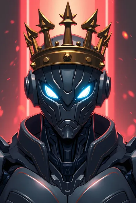 Create an image of an intimidating robot anime-style anime version . Let it be king .  I mean with a crown .  that says king with letters down .  As if it were a cover but that the robot can be seen more and has ultra-illuminated and intimidating eyes.  Th...