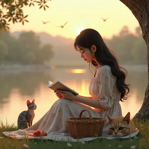 A 3d realistic woman, black hair color, holding a picnic basket, reading a book, with a floral long dress, sitting infront of the lake, theres a sunset, with a cat and birds, had a name on the book "Nana" with a font