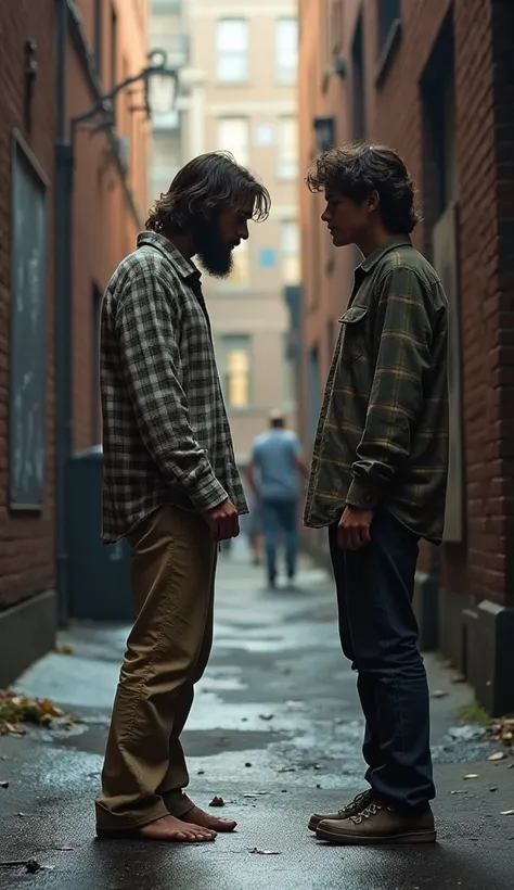 Create this ultra-realistic image Jesus is standing next to a man. 
The setting is in New York City. The man is in an alley. the man is sad, dirty, with a torn plaid shirt and dirty, worn jeans, bare feet. He is being threatened by 2 bullies, two teenagers...