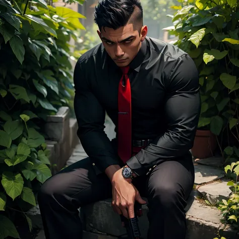 30years old, One Man,Muscular、 black shirt、Red tie、black slim pants、 Black Gloves 、 black boots 、Combatant、Muscular、Equipped with a gun belt on the lower back、garden、lawn、 sitting with legs spread 。short hair 、更にshort hair 、Bald。 undercut、Turkish　Menacing ...