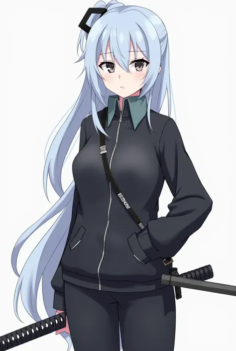 Anime girl, has long light blue hair, dark triangular eyebrows, and asymmetric bangs. She has a sleek, slender build and typically wears a black jacket, a light shirt, black pants, and a belt with a sword. When training, she ties her hair in a ponytail and...