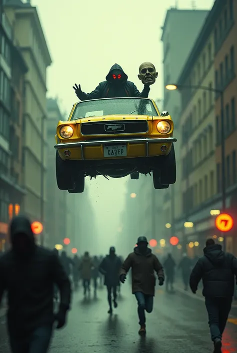 A yellow car flying in a street with scary people runing away. In the car a dark figure with red shining eyes is holding a head