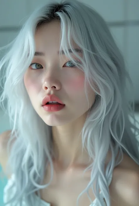 Hair half white half black Chinese white skin extremely beautiful pink lips, violet eyes, *No clothes entering a bathtub*