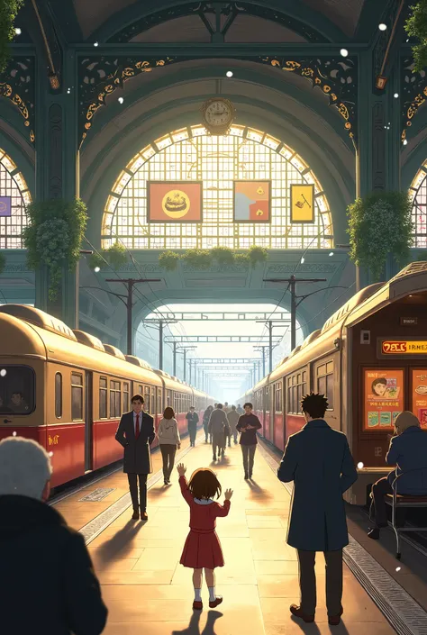 A busy train station bustling with activity, illustrated in the charming style of Hayao Miyazaki and infused with the fresh, vibrant elements of Makoto Shinkais manga. The scene features a variety of characters: a young girl with a backpack excitedly wavin...