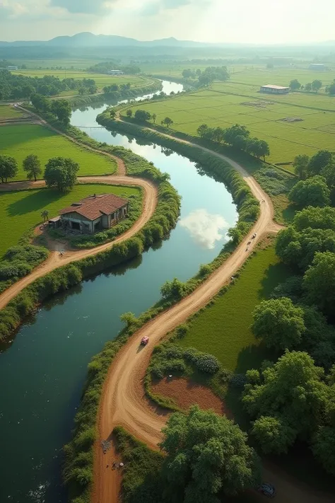 "A vast, flowing river symbolizing promises, winding through a rural Ghanaian landscape. The river gently curves around unfinished roads and a dilapidated school building, reflecting the hope for progress but showing signs of neglect. The vibrant green fie...