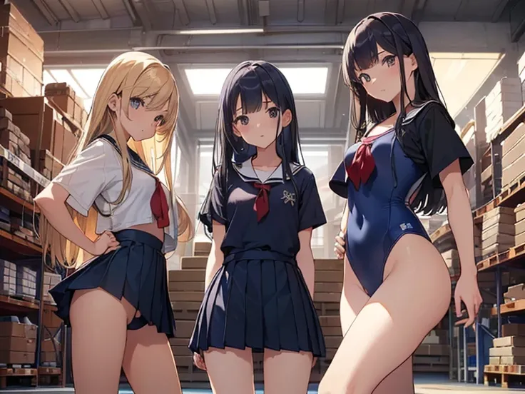 ((master piece)), ((best quality)),
(3 girls), (straight long hair),
(photographed from slightly below in the behind), 
(from a little lower down),
close up on the buttocks, 
skin color brown, 
(she wears a navy blue one-piece school swimsuit as innerwear:...