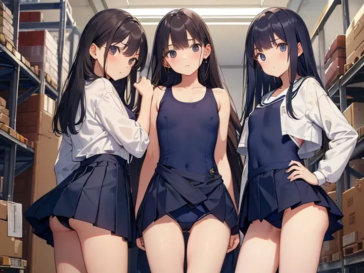 ((master piece)), ((best quality)),
(3 girls), (straight long hair),
(photographed from slightly below in the behind), 
(from a little lower down),
close up on the buttocks, 
skin color brown, 
(she wears a navy blue one-piece school swimsuit as innerwear:...