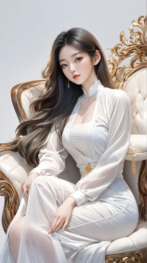 Close-up of a beautiful young Korean woman 、 sitting on chair,  Close-up of gorgeous chinese young woman  ,  white clothes are very transparent, Breast and visible 