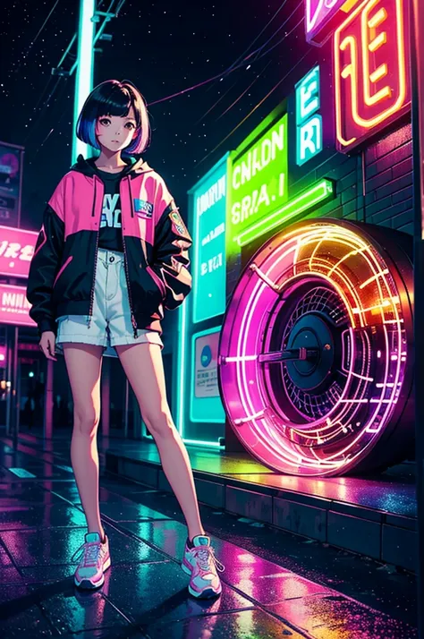 a beautiful young girl with vibrant neon colors, a retro and low-fi aesthetic, short bob hairstyle, extremely detailed, standing in a colorful night sky background, wearing sneakers