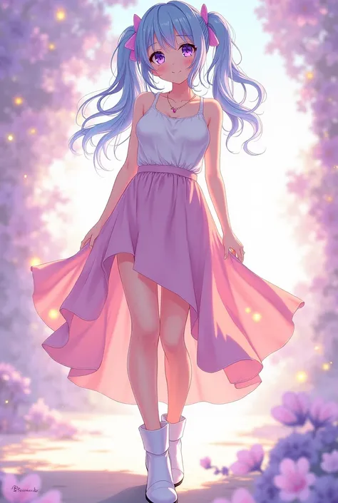 Noelle Silva Sexy Voluptuous Anime Female Smiling , purple eyes,  Hair Tied In Two Light Blue Pigtails Sleeveless White Blouse And Skirt Bohemian Style Short White Anime Style Booties Full Body Lilac Background And Gold Lights Smiling Anime Style