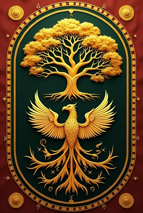 Royal family coat of arms of Makundia  , fictional African kingdom with the surname Johannes,containing a golden tree and a phoenix as its main element  