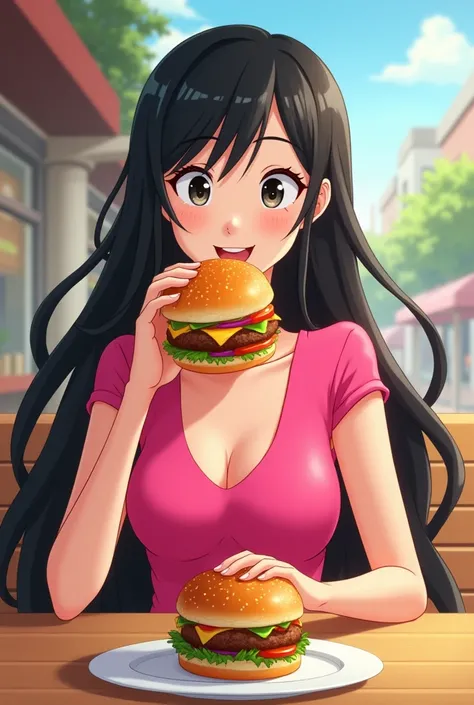 Animation of a woman eats a hamburger with black hair and a pink dress