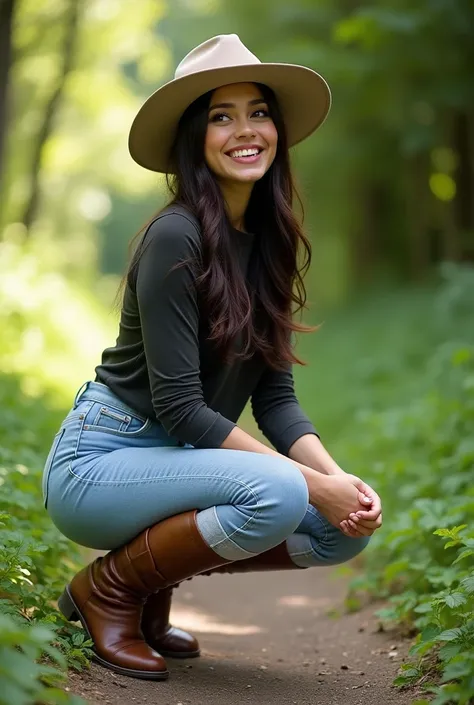 Woman posing outdoors in a park, squatting with one knee bent and the other leg extended, wearing a light-colored wide-brimmed hat, dark long-sleeve top, and light blue jeans tucked into knee-high brown boots, long dark hair worn down, smiling slightly wit...