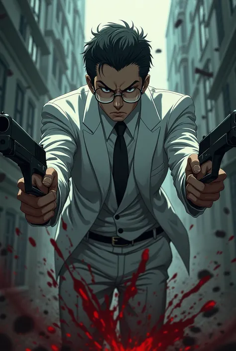 Anime. A dark-faced man wearing glasses in a white suit is shooting people with remains and blood stains.