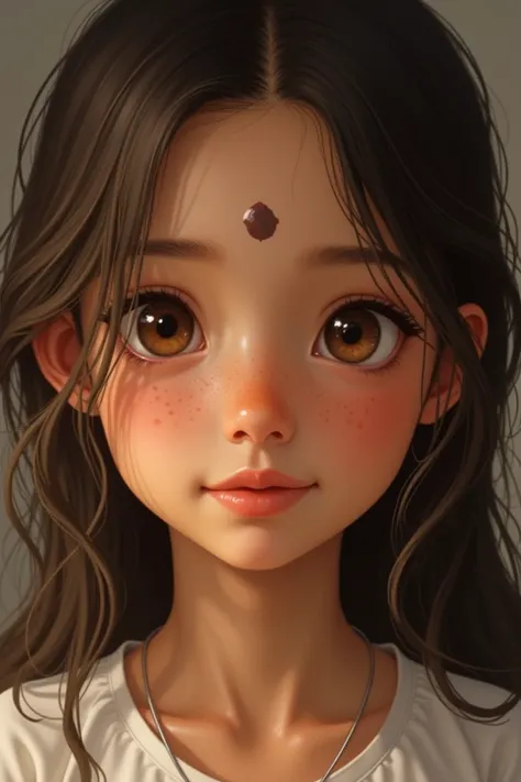 Light brown girl,with a slightly rounded scar on the forehead , brown eyes , face and freckles