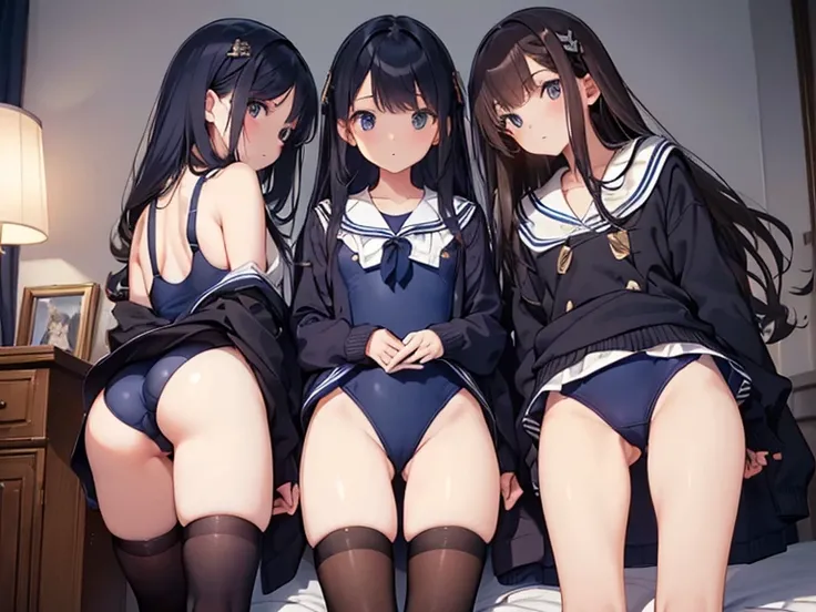 ((master piece)), ((best quality)),
(3 girls), (straight long hair),
(photographed from slightly below in the behind), 
(from a little lower down),
close up on the buttocks, 
skin color brown, 
(she wears a navy blue one-piece school swimsuit as innerwear:...