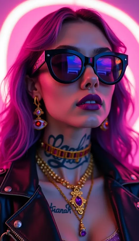  Alternative girl,  looking over black sunglasses , jacket, collar,  neon light reflections on the skin, earring, makeup,  skin imperfections , Long purple hair pink and purple flying saucer background with golden armor filled with gold jewelry of purple l...