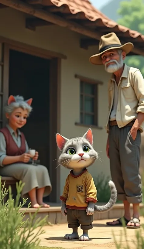 "A young humanoid cat with short gray fur, a small white patch on its chest and bright green eyes, is standing in front of a simple rural house. He wears a patched shirt and short pants. In the background, his father, a cat older humanoid, with gray and wh...