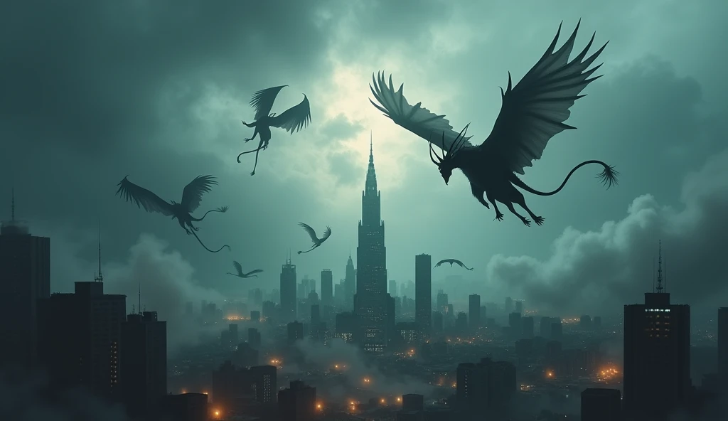 Create a city center sky in stormy weather , With several flying demons 