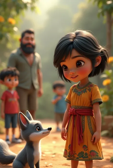 An  Latin girl with short hair walks to her younger brother and her father and mother, and meets a gray fox all in Disney 3d style