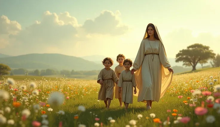  Virgin Mary and the three little shepherds walking towards the field :  The Virgin Mary is walking slowly with the three little shepherds through a flowery field.  She smiles softly ,  as the ren talk to each other ,  with expressions of curiosity and joy...