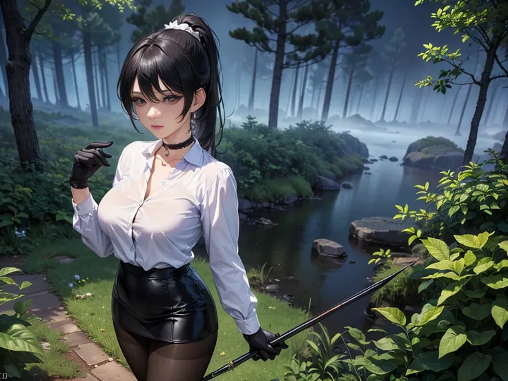 ( masterpiece :1.2), ( Best Quality :1.1, ( lyrics:1.3),  Very detailed 8k CG unit wallpaper , depth of field, HDR-10, realistic,  detailed eyes, 1 sexy woman, standing, He holds a spear in his hand,  seen from above,  Looking at the viewer,  big breasts ,...