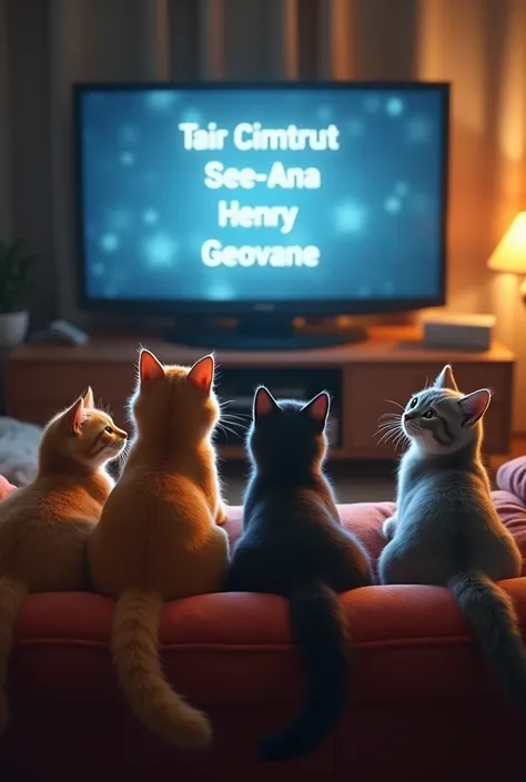  Make 4 cats sitting on a couch watching NETFLIX,Are they watching the credits of the movie with the names of the cats,Pedro ,ANA,henry,Geovane

Enter the names under the credits