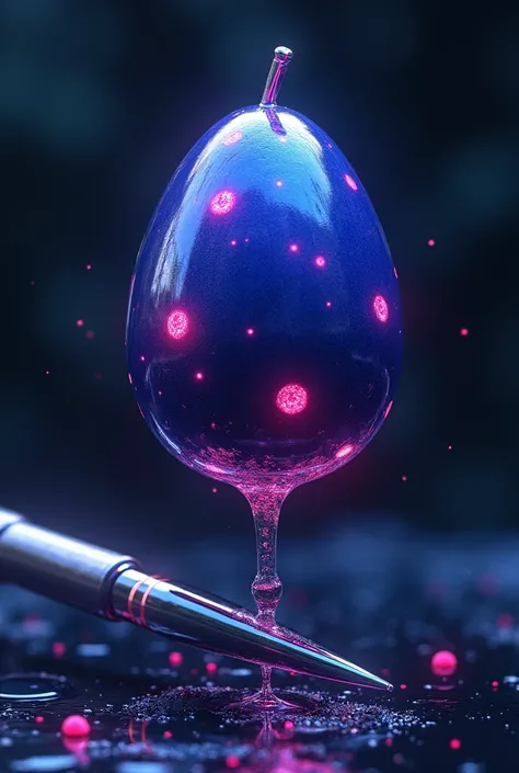 A realistic depiction of the Meta-Meta no Mi, inspired by One Piece. The fruit is oval-shaped with a smooth, glossy surface. Its primary color is a deep, electric blue, with neon pink highlights, resembling glowing ink. The texture is hyper-realistic, appe...