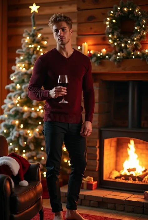 
 In a cozy wooden cabin at Christmas ,  with snow falling softly outside ,   attractive young Latino boy ,  muscular tattoos thick build flirty smile gray eyes white skin blonde hair ) standing next to a burning fireplace .  He wears a tight burgundy swea...